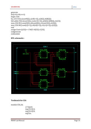 2016MVE 006 2016
MDDV Lab Manual Page 14
generate
for(i=0;i<N;i=i+1)
begin: CSA
ha_1213 A1(.s(sum0[i]),.c(c0[i+1]),.a(A[i]),.b(B[i]));
full_adder X2(.s(sum1[i]),.cout(c1[i+1]),.a(A[i]),.b(B[i]),.cin(1));
mux_CSA M1(.sum(S[i]),.s0(sum0[i]),.s1(sum1[i]),.c(c[i]));
mux_CSA M2(.sum(c[i+1]),.s0(c0[i+1]),.s1(c1[i+1]),.c(c[i]));
end
assign Cout=(c[32]== 1'b0)? c0[32]:c1[32];
endgenerate
endmodule
RTL schematic:-
Testbench for CSA
module CSA_tb;
// Inputs
reg [31:0] A;
reg [31:0] B;
reg Cin;
 