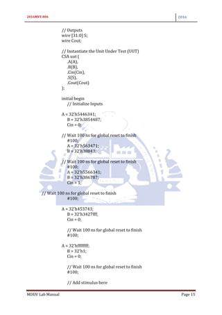 2016MVE 006 2016
MDDV Lab Manual Page 15
// Outputs
wire [31:0] S;
wire Cout;
// Instantiate the Unit Under Test (UUT)
CSA uut (
.A(A),
.B(B),
.Cin(Cin),
.S(S),
.Cout(Cout)
);
initial begin
// Initialize Inputs
A = 32'h5446341;
B = 32'h3854487;
Cin = 0;
// Wait 100 ns for global reset to finish
#100;
A = 32'h563471;
B = 32'h38843;
// Wait 100 ns for global reset to finish
#100;
A = 32'h5566341;
B = 32'h386787;
Cin = 1;
// Wait 100 ns for global reset to finish
#100;
A = 32'h453743;
B = 32'h3427fff;
Cin = 0;
// Wait 100 ns for global reset to finish
#100;
A = 32'hffffffff;
B = 32'h1;
Cin = 0;
// Wait 100 ns for global reset to finish
#100;
// Add stimulus here
 