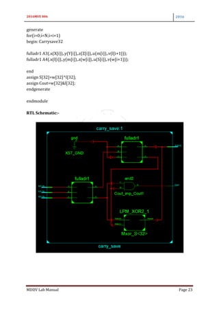2016MVE 006 2016
MDDV Lab Manual Page 23
generate
for(i=0;i<N;i=i+1)
begin: Carrysave32
fulladr1 A3(.x(X[i]),.y(Y[i]),.z(Z[i]),.u(m[i]),.v(l[i+1]));
fulladr1 A4(.x(l[i]),.y(m[i]),.z(w[i]),.u(S[i]),.v(w[i+1]));
end
assign S[32]=w[32]^l[32];
assign Cout=w[32]&l[32];
endgenerate
endmodule
RTL Schematic:-
 
