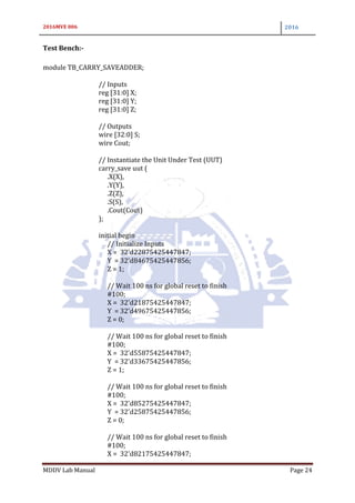 2016MVE 006 2016
MDDV Lab Manual Page 24
Test Bench:-
module TB_CARRY_SAVEADDER;
// Inputs
reg [31:0] X;
reg [31:0] Y;
reg [31:0] Z;
// Outputs
wire [32:0] S;
wire Cout;
// Instantiate the Unit Under Test (UUT)
carry_save uut (
.X(X),
.Y(Y),
.Z(Z),
.S(S),
.Cout(Cout)
);
initial begin
// Initialize Inputs
X = 32'd22875425447847;
Y = 32'd84675425447856;
Z = 1;
// Wait 100 ns for global reset to finish
#100;
X = 32'd21875425447847;
Y = 32'd49675425447856;
Z = 0;
// Wait 100 ns for global reset to finish
#100;
X = 32'd55875425447847;
Y = 32'd33675425447856;
Z = 1;
// Wait 100 ns for global reset to finish
#100;
X = 32'd85275425447847;
Y = 32'd25875425447856;
Z = 0;
// Wait 100 ns for global reset to finish
#100;
X = 32'd82175425447847;
 