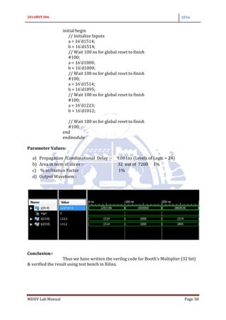 2016MVE 006 2016
MDDV Lab Manual Page 38
initial begin
// Initialize Inputs
a = 16'd1514;
b = 16'd1514;
// Wait 100 ns for global reset to finish
#100;
a = 16'd1000;
b = 16'd1000;
// Wait 100 ns for global reset to finish
#100;
a = 16'd1514;
b = 16'd1895;
// Wait 100 ns for global reset to finish
#100;
a = 16'd1223;
b = 16'd1012;
// Wait 100 ns for global reset to finish
#100;
end
endmodule
Parameter Values:
a) Propagation /Combinational Delay :- 9.081ns (Levels of Logic = 24)
b) Area in term of slices :- 32 out of 7200 1%
c) % utilization Factor 1%
d) Output Waveform :
Conclusion:-
Thus we have written the verilog code for Booth’s Multiplier (32 bit)
& verified the result using test bench in Xilinx.
 