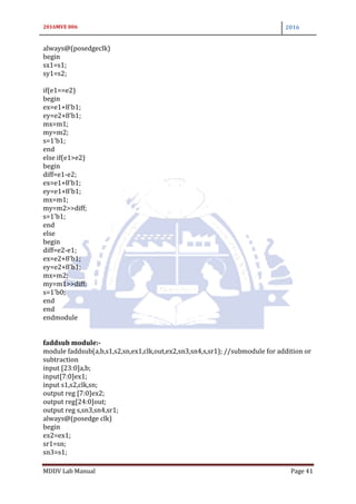 2016MVE 006 2016
MDDV Lab Manual Page 41
always@(posedgeclk)
begin
sx1=s1;
sy1=s2;
if(e1==e2)
begin
ex=e1+8'b1;
ey=e2+8'b1;
mx=m1;
my=m2;
s=1'b1;
end
else if(e1>e2)
begin
diff=e1-e2;
ex=e1+8'b1;
ey=e1+8'b1;
mx=m1;
my=m2>>diff;
s=1'b1;
end
else
begin
diff=e2-e1;
ex=e2+8'b1;
ey=e2+8'b1;
mx=m2;
my=m1>>diff;
s=1'b0;
end
end
endmodule
faddsub module:-
module faddsub(a,b,s1,s2,sn,ex1,clk,out,ex2,sn3,sn4,s,sr1); //submodule for addition or
subtraction
input [23:0]a,b;
input[7:0]ex1;
input s1,s2,clk,sn;
output reg [7:0]ex2;
output reg[24:0]out;
output reg s,sn3,sn4,sr1;
always@(posedge clk)
begin
ex2=ex1;
sr1=sn;
sn3=s1;
 