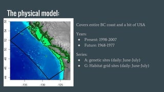 The physical model:
Covers entire BC coast and a bit of USA
Years:
● Present: 1998-2007
● Future: 1968-1977
Series:
● A: g...