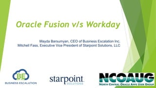 Oracle Fusion v/s Workday
Mayda Barsumyan, CEO of Business Escalation Inc.
Mitchell Fass, Executive Vice President of Starpoint Solutions, LLC
 