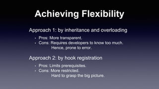 Achieving Flexibility
Approach 1: by inheritance and overloading
• Pros: More transparent.
• Cons: Requires developers to know too much.
Hence, prone to error.
Approach 2: by hook registration
• Pros: Limits prerequisites.
• Cons: More restricted.
Hard to grasp the big picture.
 