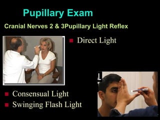 37
 Direct Light
Cranial Nerves 2 & 3Pupillary Light Reflex
Pupillary Exam
 Consensual Light
 Swinging Flash Light
 