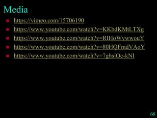 Media
 https://vimeo.com/15706190
 https://www.youtube.com/watch?v=KKbdKMtLTXg
 https://www.youtube.com/watch?v=RIHoWvwwouY
 https://www.youtube.com/watch?v=80HQFmdVAoY
 https://www.youtube.com/watch?v=7gbsiOc-kNI
68
 