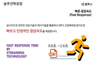 빠른 응답속도
(Fast Response)
실시간으로 온라인 전송기술과 캐시기술을 활용하고 MP3 고압축파일 방식으로
빠르고 안정적인 응답속도를 제공합니다.
0.6초 ~1.6초
솔루션특장점
 