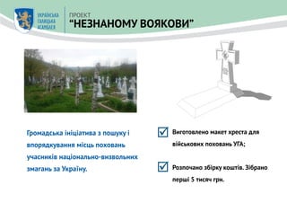 Громадська ініціатива з пошуку і
впорядкування місць поховань
учасників національно-визвольних
змагань за Україну.
Виготовлено макет хреста для
військових поховань УГА;
ПРОЕКТ
“НЕЗНАНОМУ ВОЯКОВИ”
Розпочано збірку коштів. Зібрано
перші 5 тисяч грн.
 