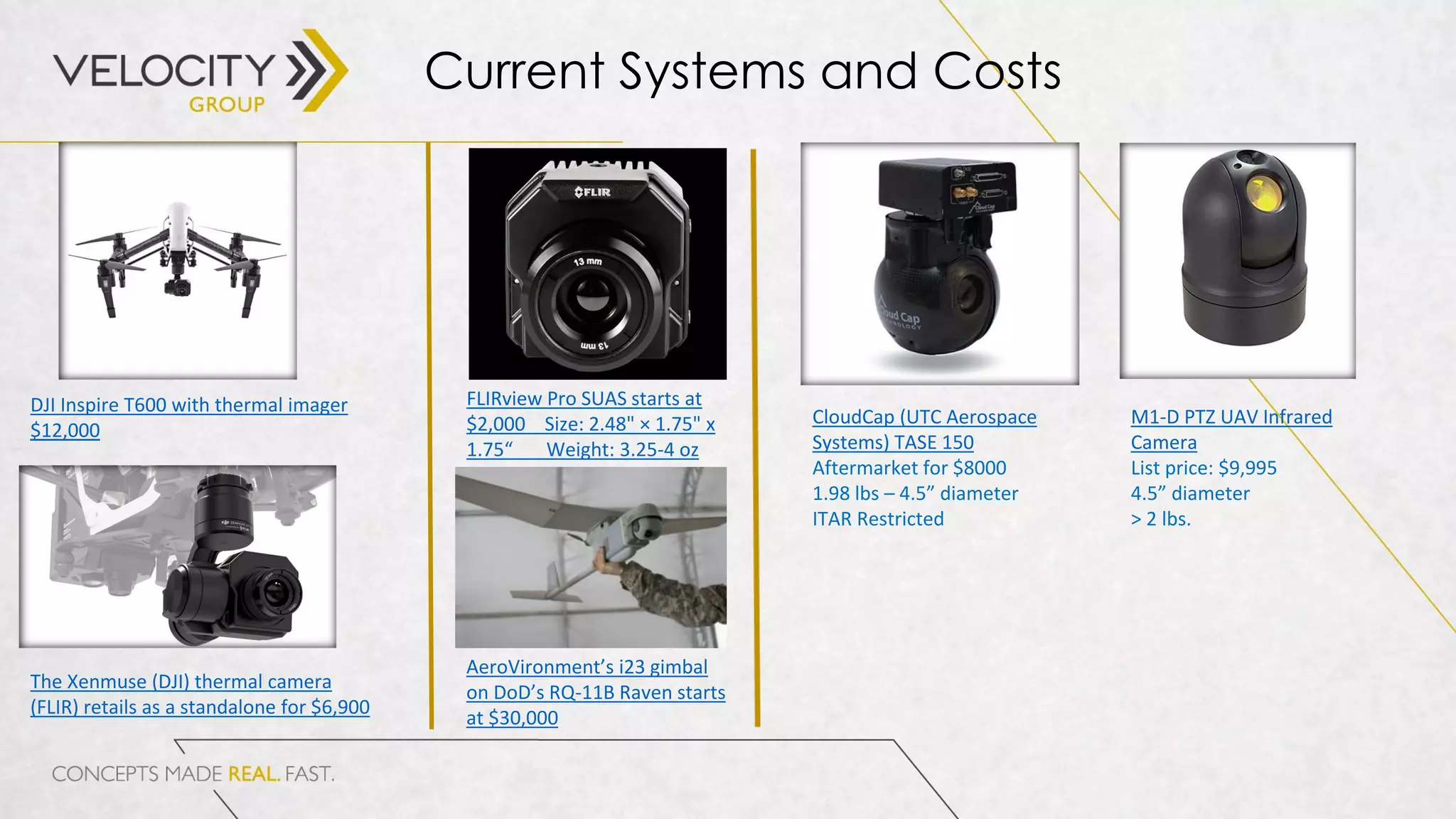 Current Systems and Costs
DJI Inspire T600 with thermal imager
$12,000
The Xenmuse (DJI) thermal camera
(FLIR) retails as a standalone for $6,900
FLIRview Pro SUAS starts at
$2,000 Size: 2.48" × 1.75" x
1.75“ Weight: 3.25-4 oz
AeroVironment’s i23 gimbal
on DoD’s RQ-11B Raven starts
at $30,000
CloudCap (UTC Aerospace
Systems) TASE 150
Aftermarket for $8000
1.98 lbs – 4.5” diameter
ITAR Restricted
M1-D PTZ UAV Infrared
Camera
List price: $9,995
4.5” diameter
> 2 lbs.
 