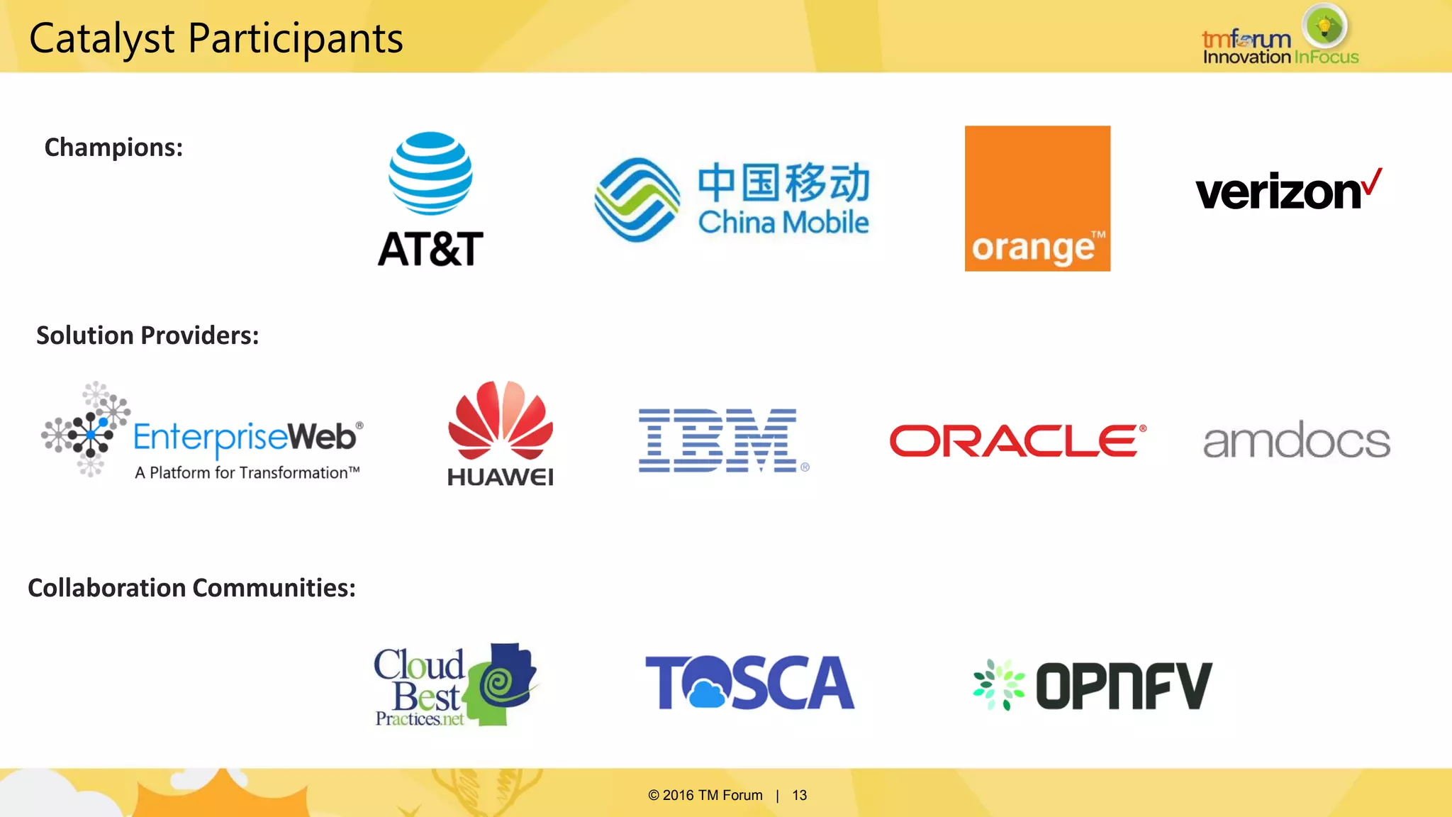 © 2016 TM Forum | 13
Champions:
Solution Providers:
Collaboration Communities:
Catalyst Participants
 