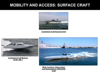 Combatant Craft Assault (CCA)
SEAL Insertion, Observation,
and Neutralization (SEALION)
Craft
Combatant Craft Medium
(CCM ) Mk 1
MOBILITY AND ACCESS: SURFACE CRAFT
 