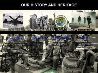 OUR HISTORY AND HERITAGE
UNCLASSIFIED
1940 C1959
- Motor Torpedo Boat
Squadrons (1940)
- Scouts & Raiders (1942)
- Navy Combat Demolition
Units (1943)
-Underwater Demolition
Teams (1944)
1960 C 1979
- SEAL Teams 1, 2
(1960)
- Boat Support Units
1, 2; Mission
Support Teams
(1964)
1980 C 2000
- Naval Special
Warfare Command
2001
- Navy establishes
SEAL (SO) & SWCC
(SB) ratings (2006)
 