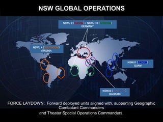 NSWU1 (PACOM)
GUAM
NSWU3 (CENTCOM)
BAHRAIN
NSWU 2 (EUCOM) / NSWU 10 (AFRICOM)
GERMANY
NSWU 4 (SOUTHCOM)
VIRGINIA
FORCE LAYDOWN: Forward deployed units aligned with, supporting Geographic
Combatant Commanders
and Theater Special Operations Commanders.
NSW GLOBAL OPERATIONS
 