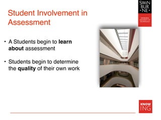 Student Involvement in
Assessment
• A Students begin to learn
about assessment
• Students begin to determine
the quality of their own work
 