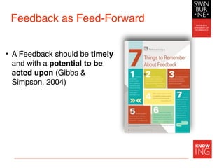 Feedback as Feed-Forward
• A Feedback should be timely
and with a potential to be
acted upon (Gibbs &
Simpson, 2004)
 