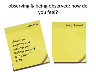 observing & being observed: how do
you feel?
32
being observed
 