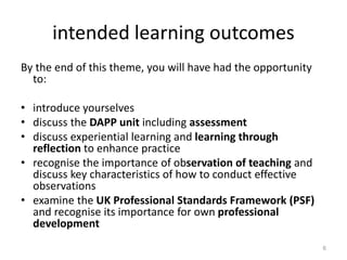 intended learning outcomes
By the end of this theme, you will have had the opportunity
to:
• introduce yourselves
• discuss the DAPP unit including assessment
• discuss experiential learning and learning through
reflection to enhance practice
• recognise the importance of observation of teaching and
discuss key characteristics of how to conduct effective
observations
• examine the UK Professional Standards Framework (PSF)
and recognise its importance for own professional
development
6
 