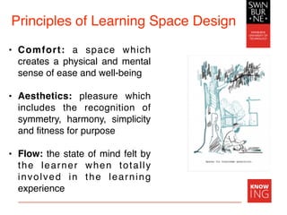 Principles of Learning Space Design
• Comfort:  a space  which
creates a physical and mental
sense of ease and well-being
• Aesthetics: pleasure which
includes the recognition of
symmetry, harmony, simplicity
and ﬁtness for purpose
• Flow: the state of mind felt by
the learner when totally
involved in the learning
experience
 
