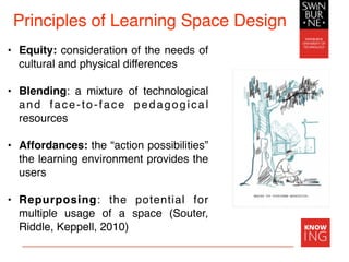 Principles of Learning Space Design
• Equity: consideration of the needs of
cultural and physical differences
• Blending: a mixture of technological
and face-to-face pedagogical
resources
• Affordances: the “action possibilities”
the learning environment provides the
users
• Repurposing: the potential for
multiple usage of a space (Souter,
Riddle, Keppell, 2010)
 