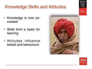 Knowledge Skills and Attitudes
• Knowledge is now co-
created
• Skills form a basis for
learning
• Attitudes inﬂuence
beliefs and behaviours
 