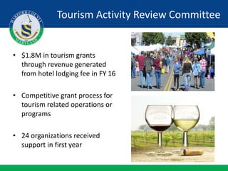 Tourism Activity Review Committee
• $1.8M in tourism grants
through revenue generated
from hotel lodging fee in FY 16
• Competitive grant process for
tourism related operations or
programs
• 24 organizations received
support in first year
 