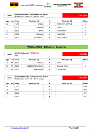www.fesporte.sc.gov.br Programação 11
Local
Ginásio de Esportes Municipal Artenir Werner
Rua Princesa Isabel, 670 – Bairro Canoas
VOLEIBOL
Jogo Sexo Hora Município [A] X Município [B] Chave
20 F 9:00 LAGES X PRESIDENTE GETÚLIO A
21 F 10:30 LONTRAS X IOMERÊ B
22 F 13:30 TAIÓ X CURITIBANOS C
23 F 15:00 JOAÇABA X FRAIBURGO B
24 F 16:30 RIO DO SUL X CELSO RAMOS C
PPRROOGGRRAAMMAAÇÇÃÃOO –– 11//1111//22001166 –– TTeerrççaa FFeeiirraa
Local
Ginásio de Esportes POR DEFINIR
Rua
VOLEIBOL
Jogo Sexo Hora Município [A] X Município [B] Chave
25 M 13:30 VIDEIRA X LAGES
U26 M 15:00 PRESIDENTE GETÚLIO X OTACÍLIO COSTA
27 M 16:30 FRAIBURGO X CURITIBANOS
Local
Ginásio de Esportes Municipal Artenir Werner
Rua Princesa Isabel, 670 – Bairro Canoas
VOLEIBOL
Jogo Sexo Hora Município [A] X Município [B] Chave
28 F 9:00 X ELIM
29 F 10:30 X ELIM
30 F 17:00 X S/F
31 F 18:30 X S/F
 