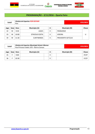 www.fesporte.sc.gov.br Programação 12
PPRROOGGRRAAMMAAÇÇÃÃOO –– 22//1111//22001166 –– QQuuaarrttaa FFeeiirraa
Local
Ginásio de Esportes POR DEFINIR
Rua
VOLEIBOL
Jogo Sexo Hora Município [A] X Município [B] Chave
32 M 8:30 LAGES X FRAIBURGO
U33 M 10:00 OTACÍLIO COSTA X VIDEIRA
34 M 11:30 CURITIBANOS X PRESIDENTE GETÚLIO
Local
Ginásio de Esportes Municipal Artenir Werner
Rua Princesa Isabel, 670 – Bairro Canoas
VOLEIBOL
Jogo Sexo Hora Município [A] X Município [B] Chave
35 F 9:00 X 3º/4º
36 F 10:30 X 1º/2º
 