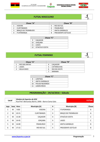 www.fesporte.sc.gov.br Programação 3
FFUUTTSSAALL MMAASSCCUULLIINNOO
Chave “A” Chave “B”
1 VIDEIRA 5 RIO DO SUL
2 CURITIBANOS 6 FRAIBURGO
3 BRAÇO DO TROMBUDO 7 ANITA GARIBALDI
4 ITUPORANGA 8 PRESIDENTE GETÚLIO
Chave “C”
9 CAÇADOR
10 JOAÇABA
11 LAGES
12 OTACÍLIO COSTA
FFUUTTSSAALL FFEEMMIINNIINNOO
Chave “A” Chave “B”
1 RIO DAS ANTAS 4 CAÇADOR
2 LAGES 5 CATANDUVAS
3 ÁGUA DOCE 6 RIO DO OESTE
7 IBIRAMA
Chave “C”
8 LONTRAS
9 ANITA GARIBALDI
10 POUSO REDONDO
11 LEBON RÉGIS
PPRROOGGRRAAMMAAÇÇÃÃOO –– 2299//1100//22001166 –– SSáábbaaddoo
Local
Ginásio de Esportes do SESI
Rua Pref. Wenceslau Borini, 2690 – Bairro Canta Galo
FUTSAL
Jogo Sexo Hora Município [A] X Município [B] Chave
1 M 9:00 VIDEIRA X ITUPORANGA A
2 M 10:15 CURITIBANOS X BRAÇO DO TROMBUDO A
3 M 13:30 CAÇADOR X OTACÍLIO COSTA C
4 M 14:45 JOAÇABA X LAGES C
5 M 16:00 FRAIBURGO X ANITA GARIBALDI B
6 M 17:15 RIO DO SUL X PRESIDENTE GETÚLIO B
 