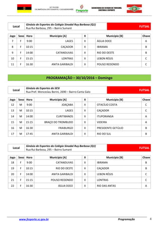 www.fesporte.sc.gov.br Programação 4
Local
Ginásio de Esportes do Colégio Sinodal Ruy Barbosa (Q1)
Rua Rui Barbosa, 295 – Bairro Sumaré
FUTSAL
Jogo Sexo Hora Município [A] X Município [B] Chave
7 F 9:00 LAGES X ÁGUA DOCE A
8 F 10:15 CAÇADOR X IBIRAMA B
9 F 14:00 CATANDUVAS X RIO DO OESTE B
10 F 15:15 LONTRAS X LEBON RÉGIS C
11 F 16:30 ANITA GARIBALDI X POUSO REDONDO C
PPRROOGGRRAAMMAAÇÇÃÃOO –– 3300//1100//22001166 –– DDoommiinnggoo
Local
Ginásio de Esportes do SESI
Rua Pref. Wenceslau Borini, 2690 – Bairro Canta Galo
FUTSAL
Jogo Sexo Hora Município [A] X Município [B] Chave
12 M 9:00 JOAÇABA X OTACÍLIO COSTA C
13 M 10:15 LAGES X CAÇADOR C
14 M 14:00 CURITIBANOS X ITUPORANGA A
15 M 15:15 BRAÇO DO TROMBUDO X VIDEIRA A
16 M 16:30 FRAIBURGO X PRESIDENTE GETÚLIO B
17 M 17:45 ANITA GARIBALDI X RIO DO SUL B
Local
Ginásio de Esportes do Colégio Sinodal Ruy Barbosa (Q1)
Rua Rui Barbosa, 295 – Bairro Sumaré
FUTSAL
Jogo Sexo Hora Município [A] X Município [B] Chave
18 F 9:00 CATANDUVAS X IBIRAMA B
19 F 10:15 RIO DO OESTE X CAÇADOR B
20 F 14:00 ANITA GARIBALDI X LEBON RÉGIS C
21 F 15:15 POUSO REDONDO X LONTRAS C
22 F 16:30 ÁGUA DOCE X RIO DAS ANTAS A
 