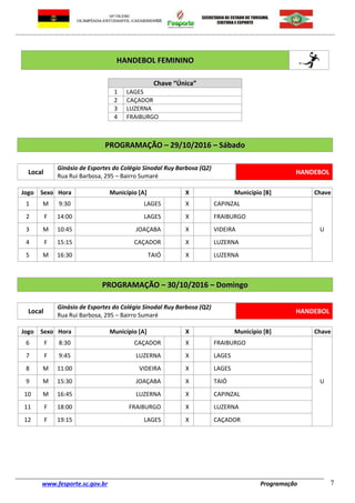 www.fesporte.sc.gov.br Programação 7
HHAANNDDEEBBOOLL FFEEMMIINNIINNOO
Chave “Única”
1 LAGES
2 CAÇADOR
3 LUZERNA
4 FRAIBURGO
PPRROOGGRRAAMMAAÇÇÃÃOO –– 2299//1100//22001166 –– SSáábbaaddoo
Local
Ginásio de Esportes do Colégio Sinodal Ruy Barbosa (Q2)
Rua Rui Barbosa, 295 – Bairro Sumaré
HANDEBOL
Jogo Sexo Hora Município [A] X Município [B] Chave
1 M 9:30 LAGES X CAPINZAL
U
2 F 14:00 LAGES X FRAIBURGO
3 M 10:45 JOAÇABA X VIDEIRA
4 F 15:15 CAÇADOR X LUZERNA
5 M 16:30 TAIÓ X LUZERNA
PPRROOGGRRAAMMAAÇÇÃÃOO –– 3300//1100//22001166 –– DDoommiinnggoo
Local
Ginásio de Esportes do Colégio Sinodal Ruy Barbosa (Q2)
Rua Rui Barbosa, 295 – Bairro Sumaré
HANDEBOL
Jogo Sexo Hora Município [A] X Município [B] Chave
6 F 8:30 CAÇADOR X FRAIBURGO
U
7 F 9:45 LUZERNA X LAGES
8 M 11:00 VIDEIRA X LAGES
9 M 15:30 JOAÇABA X TAIÓ
10 M 16:45 LUZERNA X CAPINZAL
11 F 18:00 FRAIBURGO X LUZERNA
12 F 19:15 LAGES X CAÇADOR
 