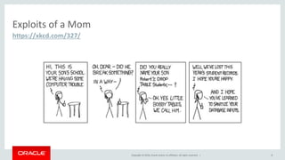 Copyright © 2016, Oracle and/or its affiliates. All rights reserved. |
Exploits of a Mom
8
https://xkcd.com/327/
 
