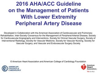 2016 AHA/ACC Guideline
on the Management of Patients
With Lower Extremity
Peripheral Artery Disease
Developed in Collaboration with the American Association of Cardiovascular and Pulmonary
Rehabilitation, Inter-Society Consensus for the Management of Peripheral Arterial Disease, Society
for Cardiovascular Angiography and Interventions, Society for Clinical Vascular Surgery, Society of
Interventional Radiology, Society for Vascular Medicine, Society for Vascular Nursing, Society for
Vascular Surgery, and Vascular and Endovascular Surgery Society
© American Heart Association and American College of Cardiology Foundation
 