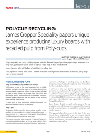 James Cropper Specialty papers unique experience producing luxury boards with recycled pulp from Poly-cups