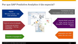 © 2016 SAP SE or an SAP affiliate company. All rights reserved. 10Public
Por que SAP Predictive Analytics é tão especial?
Rápido
• Minutos a horas – não
mais semanas
Tudo em uma só solução
• Preparação de Dados-
Modelagem - Scoring -
Exploração
Suporte a linguagem R
Facilidades de uso
 Crie modelos com cliques ou código
Suporte Multi Language
 Inglês, Alemão, Espanhol,
Português, Francês, Japonês e
Italiano
Integração com SAP
 HANA, BW, BO e HCP
 