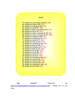 Jogo adaptado. Disponível em:
http://ensinodegeografiauenp.blogspot.com.br/p/jogos.html. Acesso em: 01 nov.
2016.
DICAS
01- Estado ao sul de Santa Catarina ( RS)
02- Estado ao norte do RS ( SC )
03- Estado ao sudeste do MS ( PR )
04- Estado ao sul do MT (MS)
05- Estado a oeste e noroeste de GO ( MT )
06- Estado ao sul do TO ( GO )
07- Estado ao norte e nordeste do PR ( SP)
08- Estado ao norte e nordeste de SP ( MG )
09- Estado ao sudeste de MG ( RJ )
10- Estado ao nordeste do RJ ( ES )
11- Estado ao oeste do PI ( MA )
12- Estado ao norte de GO ( TO )
13- Estado ao nordeste de GO ( BA )
14- Estado ao leste do MA ( PI )
15- Estado ao nordeste do PI ( CE )
16- Estado ao leste do CE ( RN )
17- Estado ao sul do RN ( PB )
18- Estado ao sul da PB ( PE)
19- Estado ao sul de PE ( AL )
20- Estado ao sul de AL ( SE )
21- Estado ao noroeste do MA (PA )
22- Estado ao norte do PA ( AP )
23- Estado ao oeste do PA ( AM )
24- Estado ao norte do AM ( RR )
25- Estado ao sudoeste do AM ( AC)
26- Estado ao sul do AM ( RO )
 