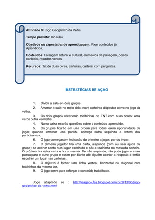 ESTRATÉGIAS DE AÇÃO
1. Dividir a sala em dois grupos.
2. Arrumar a sala: no meio dela, nove carteiras dispostas como no jogo da
velha.
3. Os dois grupos receberão toalhinhas de TNT com suas cores: uma
verde outra vermelha.
4. Numa caixa estarão questões sobre o conteúdo aprendido.
5. Os grupos ficarão em uma ordem para todos terem oportunidade de
jogar, quando terminar uma partida, começa outra seguindo a ordem dos
participantes.
6. O jogo começa com indicação do primeiro a jogar: par ou impar.
7. O primeiro jogador tira uma carta, responde (com ou sem ajuda do
grupo): se acertar senta num lugar escolhido e põe a toalhinha na mesa da carteira.
O próximo tira outra carta e faz o mesmo. Se não responde, não pode jogar e a vez
passa para o outro grupo e assim por diante até alguém acertar a resposta e então
escolher um lugar nas carteiras.
8. O objetivo é fechar uma linha vertical, horizontal ou diagonal com
toalhinhas da mesma cor.
9. O jogo serve para reforçar o conteúdo trabalhado.
Jogo adaptado de : http://leageo-ufes.blogspot.com.br/2013/03/jogo-
geografico-da-velha.html
Atividade 9: Jogo Geográfico da Velha
Tempo previsto: 02 aulas
Objetivos ou expectativa de aprendizagem: Fixar conteúdos já
Aprendidos.
Conteúdos: Paisagem natural e cultural, elementos da paisagem, pontos
cardeais, rosa dos ventos.
Recursos: Tnt de duas cores, carteiras, cartelas com perguntas.
 