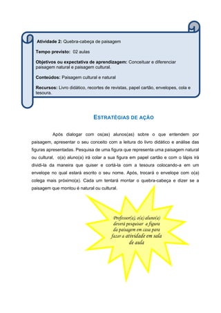 ESTRATÉGIAS DE AÇÃO
Após dialogar com os(as) alunos(as) sobre o que entendem por
paisagem, apresentar o seu conceito com a leitura do livro didático e análise das
figuras apresentadas. Pesquisa de uma figura que representa uma paisagem natural
ou cultural, o(a) aluno(a) irá colar a sua figura em papel cartão e com o lápis irá
dividi-la da maneira que quiser e cortá-la com a tesoura colocando-a em um
envelope no qual estará escrito o seu nome. Após, trocará o envelope com o(a)
colega mais próximo(a). Cada um tentará montar o quebra-cabeça e dizer se a
paisagem que montou é natural ou cultural.
Atividade 2: Quebra-cabeça de paisagem
Tempo previsto: 02 aulas
Objetivos ou expectativa de aprendizagem: Conceituar e diferenciar
paisagem natural e paisagem cultural.
Conteúdos: Paisagem cultural e natural
Recursos: Livro didático, recortes de revistas, papel cartão, envelopes, cola e
tesoura.
Professor(a), o(a) aluno(a)
deverá pesquisar a figura
da paisagem em casa para
fazer a atividade em sala
de aula
 