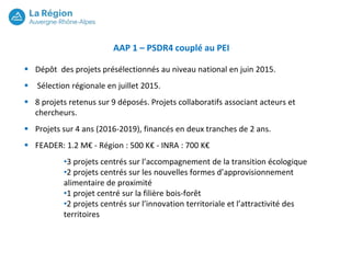 AAP 1 – PSDR4 couplé au PEI
Dépôt des projets présélectionnés au niveau national en juin 2015.
Sélection régionale en juillet 2015.
8 projets retenus sur 9 déposés. Projets collaboratifs associant acteurs et
chercheurs.
Projets sur 4 ans (2016-2019), financés en deux tranches de 2 ans.
FEADER: 1.2 M€ - Région : 500 K€ - INRA : 700 K€
•3 projets centrés sur l’accompagnement de la transition écologique
•2 projets centrés sur les nouvelles formes d’approvisionnement
alimentaire de proximité
•1 projet centré sur la filière bois-forêt
•2 projets centrés sur l’innovation territoriale et l’attractivité des
territoires