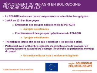  Le PEI-AGRI est mis en œuvre uniquement sur le territoire bourguignon.
2 AAP en 2015 en Bourgogne :
o Émergence des groupes opérationnels du PEI-AGRI
4 projets sélectionnés
o Fonctionnement des groupes opérationnels du PEI-AGRI
2 projets sélectionnés
Thématiques larges afin de ne pas « canaliser » les projets a priori.
Partenariat avec la Chambre régionale d’agriculture afin de proposer un
accompagnement aux porteurs de projet : recherche du partenariat, montage
du projet.
Un service efficace mais à renforcer et légitimer
DÉPLOIEMENT DU PEI-AGRI EN BOURGOGNE-
FRANCHE-COMTÉ (1/3)
Comité consultatif PEI-AGRI du 18/11/2016