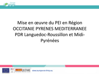 www.europe-en-lrmp.eu
Mise en œuvre du PEI en Région
OCCITANIE PYRENES MEDITERRANEE
PDR Languedoc-Roussillon et Midi-
Pyrénées