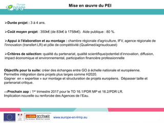 www.europe-en-lrmp.eu
Objectifs pour la suite: créer des échanges entre GO à échelle nationale et européenne.
Permettre intégration dans projets plus larges comme H2020.
Gagner en « expertise » sur montage et structuration de projets européens. Dépasser taille et
partenariat critique.
Prochain aap : 1er trimestre 2017 pour le TO 16.1/PDR MP et 16.2/PDR LR.
Implication nouvelle ou renforcée des Agences de l’Eau.
Mise en œuvre du PEI
Durée projet : 3 à 4 ans.
Coût moyen projet : 350k€ (de 83k€ à 1758k€). Aide publique : 80 %.
Appui à l'élaboration et au montage : chambre régionale d'agriculture, IFV, agence régionale de
l'innovation (transfert LR) et pôle de compétitivité (Qualimed/agrisudouest)
Critères de sélection: qualité du partenariat, qualité scientifique/potentiel d’innovation, diffusion,
impact économique et environnemental, participation financière professionnelle