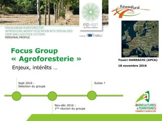 Focus Group
« Agroforesterie »
Enjeux, intérêts …
18 novembre 2016
Sept 2016 :
Sélection du groupe
Nov-déc 2016 :
1ère réunion du groupe
Suites ?
Yousri HANNACHI (APCA)