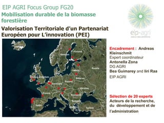 EIP AGRI Focus Group FG20
Mobilisation durable de la biomasse
forestière
Valorisation Territoriale d’un Partenariat
Européen pour L’innovation (PEI)
Encadrement : Andreas
Kleinschmit
Expert coordinateur
Antonella Zona
DG AGRI
Bea Guimarey and Iiri Raa
EIP AGRI
Sélection de 20 experts
Acteurs de la recherche,
du développement et de
l’administration