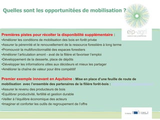 Premières pistes pour récolter la disponibilité supplémentaire :
•Améliorer les conditions de mobilisation des bois en forêt privée
•Assurer la pérennité et le renouvellement de la ressource forestière à long terme
•Promouvoir la multifonctionnalité des espaces forestiers
•Améliorer l’articulation amont - aval de la filière et favoriser l’emploi
•Développement de la desserte, place de dépôts
•Développer les informations utiles aux décideurs et mieux les partager
•Améliorer la chaîne de valeur pour être compétitif
Premier exemple innovant en Aquitaine : Mise en place d’une feuille de route de
mobilisation avec l’ensemble des partenaires de la filière forêt-bois : http://www.crpfaquitaine.fr
•Assurer le revenu des producteurs de bois
•Equilibrer productivité, fertilité et gestion durable
•Veiller à l’équilibre économique des acteurs
•Imaginer et conforter les outils de regroupement de l’offre
Quelles sont les opportunitées de mobilisation ?