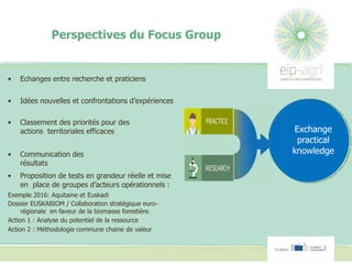 Perspectives du Focus Group
• Echanges entre recherche et praticiens
• Idées nouvelles et confrontations d’expériences
• Classement des priorités pour des
actions territoriales efficaces
• Communication des
résultats
• Proposition de tests en grandeur réelle et mise
en place de groupes d’acteurs opérationnels :
Exemple 2016: Aquitaine et Euskadi
Dossier EUSKABIOM / Collaboration stratégique euro-
régionale en faveur de la biomasse forestière.
Action 1 : Analyse du potentiel de la ressource
Action 2 : Méthodologie commune chaine de valeur
Exchange
practical
knowledge