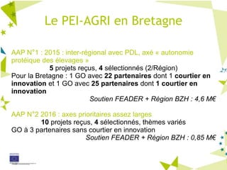 Le PEI-AGRI en Bretagne
AAP N°1 : 2015 : inter-régional avec PDL, axé « autonomie
protéique des élevages »
5 projets reçus, 4 sélectionnés (2/Région)
Pour la Bretagne : 1 GO avec 22 partenaires dont 1 courtier en
innovation et 1 GO avec 25 partenaires dont 1 courtier en
innovation
Soutien FEADER + Région BZH : 4,6 M€
AAP N°2 2016 : axes prioritaires assez larges
10 projets reçus, 4 sélectionnés, thèmes variés
GO à 3 partenaires sans courtier en innovation
Soutien FEADER + Région BZH : 0,85 M€