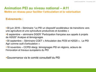 Comité Consultatif PEI – 18 novembre 2016
Evènements :
30 juin 2016 – Séminaire “Le PEI un dispositif accélérateur de transitions vers
une agriculture et une sylviculture productives et durables »
6 septembre – séminaire DGER “Participation française aux appels à projets
de H2020” Analyse et témoignages
30 septembre – Séminaire CGET « Articulation des FESI et H2020 », Le PEI
Agri comme outil d’articulation »
18 novembre – CCPEI élargi, témoignages PEI en régions, acteurs de
l'innovation et travaux européens du PEI
Gouvernance via le comité consultatif du PEI
Animation PEI au niveau national – A11
Mettre en réseau pour faciliter l'articulation et la valorisation