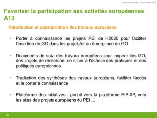 Comité Consultatif PEI – 18 novembre 2016
99
Favoriser la participation aux activités européennes
A13 PEI A13
• Porter à connaissance les projets PEI de H2020 pour faciliter
l'insertion de GO dans les projets/et ou émergence de GO
• Documents de suivi des travaux européens pour inspirer des GO,
des projets de recherche, se situer à l'échelle des pratiques et des
politiques européennes
• Traduction des synthèses des travaux européens, faciliter l'accès
et le porter à connaissance
• Plateforme des initiatives : portail vers la plateforme EIP-SP, vers
les sites des projets européens du PEI ...
Valorisation et appropriation des travaux européens