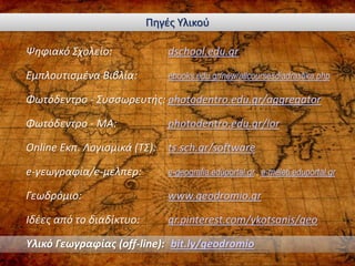 Ψηφιακό Σχολείο: dschool.edu.gr
Εμπλουτισμένα Βιβλία: ebooks.edu.gr/new/allcoursesdiadrastika.php
Φωτόδεντρο - Συσσωρευτής: photodentro.edu.gr/aggregator
Φωτόδεντρο - ΜΑ: photodentro.edu.gr/lor
Online Εκπ. Λογισμικά (ΤΣ): ts.sch.gr/software
e-γεωγραφία/e-μελπερ: e-geografia.eduportal.gr , e-meleti.eduportal.gr
Γεωδρόμιο: www.geodromio.gr
Ιδέες από το διαδίκτυο: gr.pinterest.com/ykotsanis/geo
Υλικό Γεωγραφίας (off-line): bit.ly/geodromio
Πηγές Υλικού
 